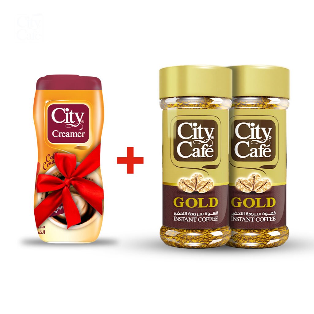 Buy two 80g jars of Gold City Cafe coffee for EGP 348 and get a free 170g City Creamer. Limited-time offer.